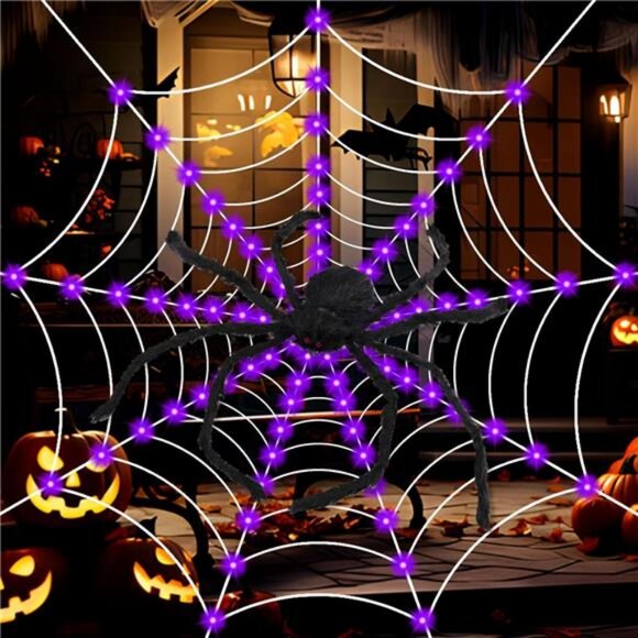 Halloween Decorations, 9FT Diameter Spider Web Lights with Black 4FT Spider - Picture 6 of 7